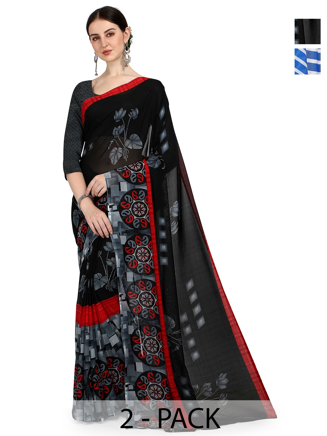 

ANAND SAREES Selection Of 2 Floral Printed Sarees, Black