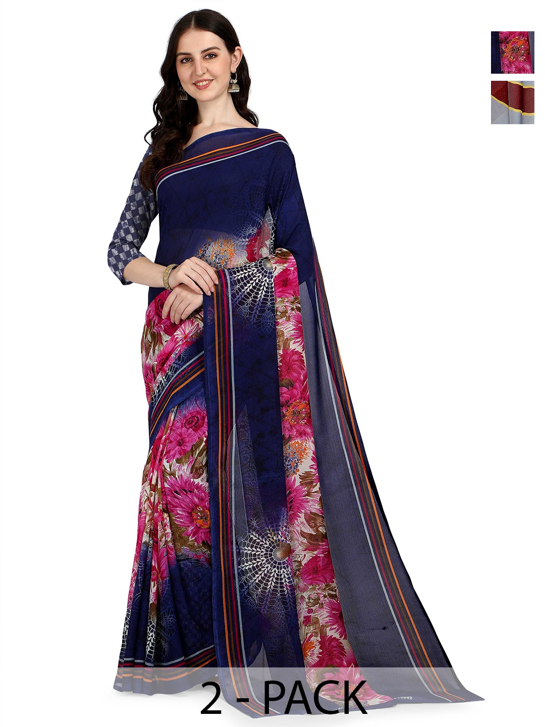 

ANAND SAREES Floral Poly Georgette Saree, Navy blue