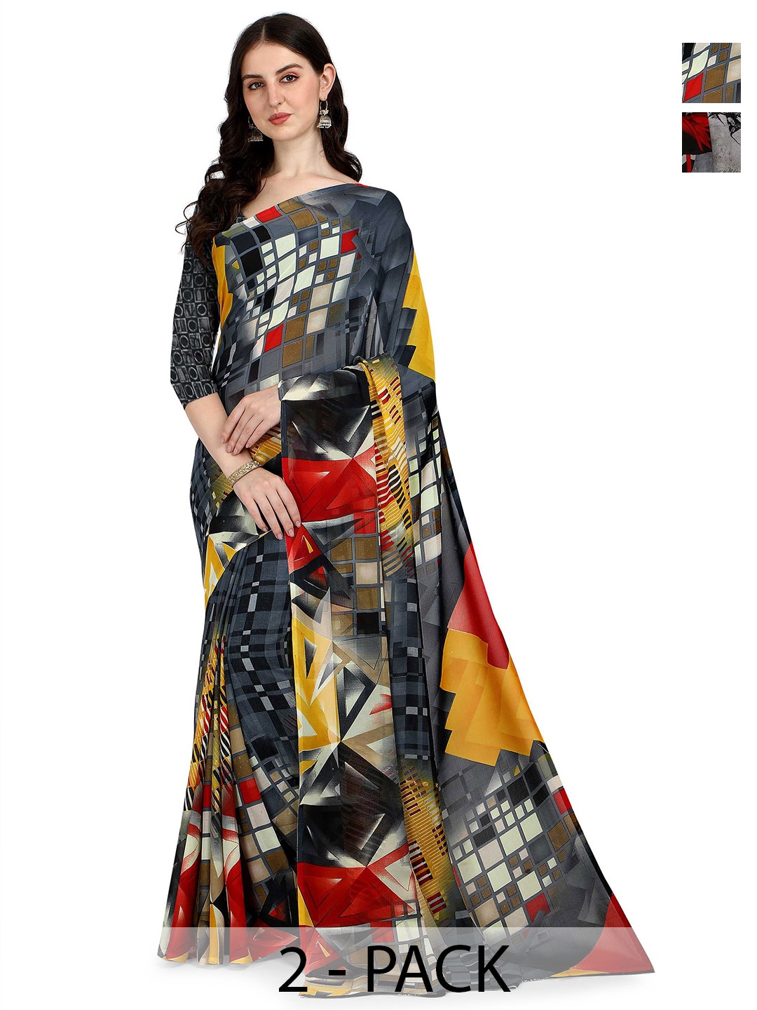 

ANAND SAREES Selection Of 2 Floral Printed Sarees, Grey