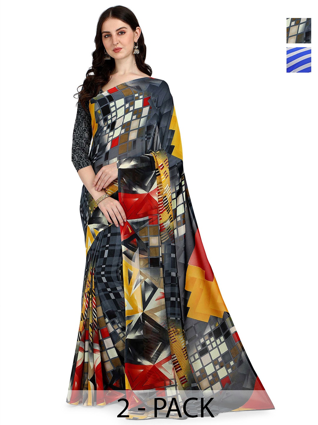 

ANAND SAREES Selection of 2 Geometric Printed Sarees, Blue