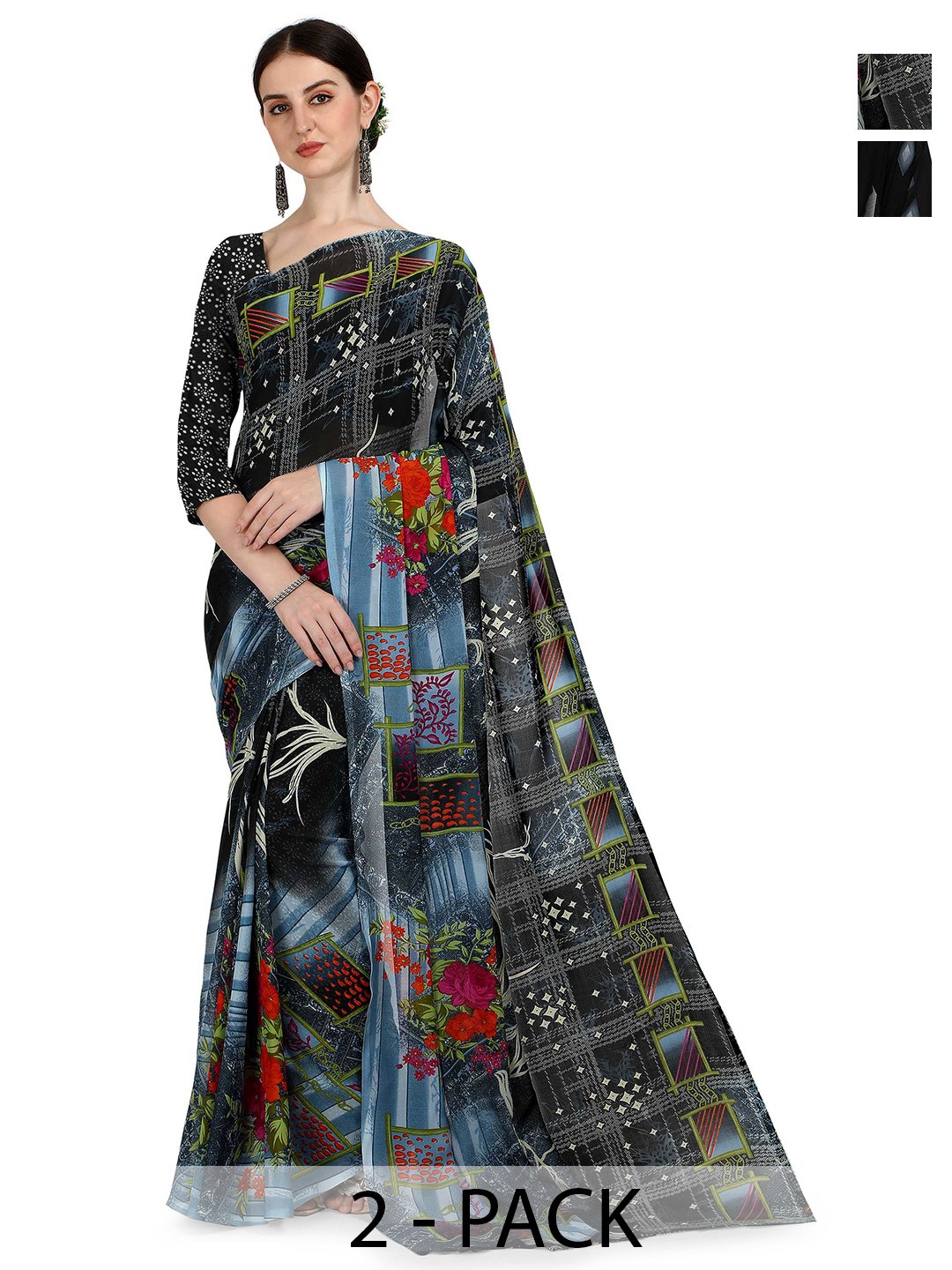 

ANAND SAREES Selection Of 2 Floral Printed Sarees, Grey