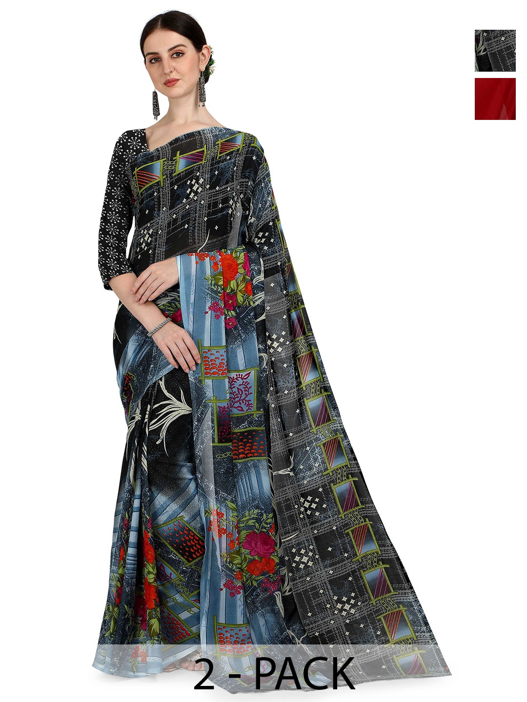 

ANAND SAREES Selection Of 2 Abstract Printed Sarees, Maroon