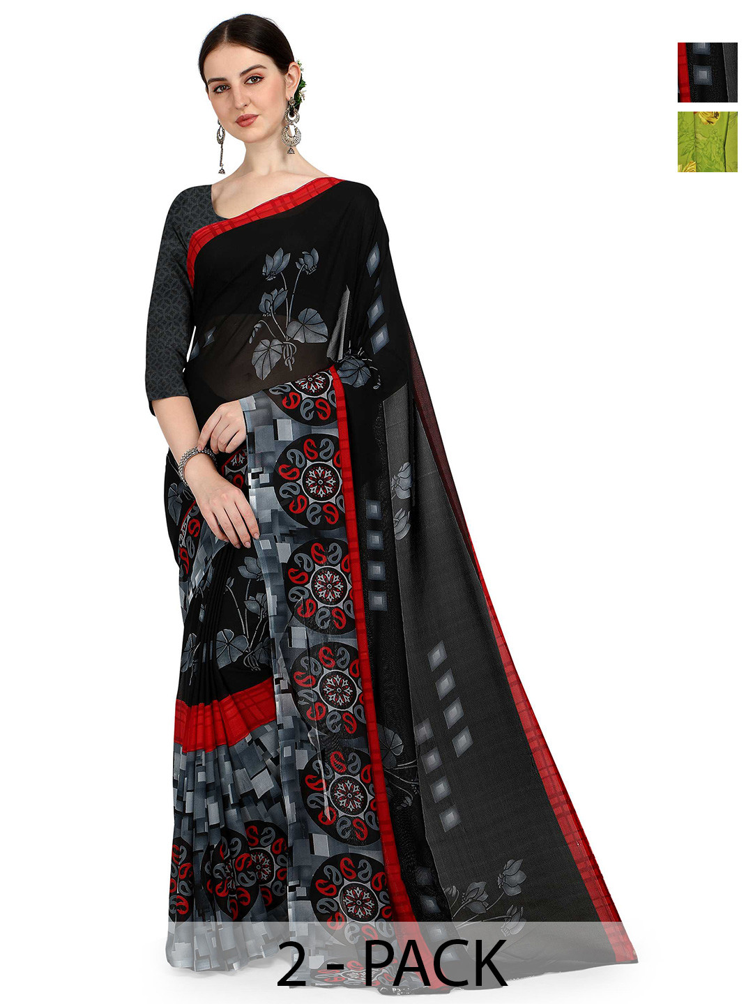 

ANAND SAREES Selection of 2 Floral Printed Sarees, Black