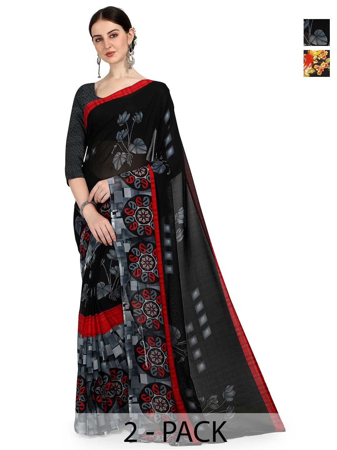 

ANAND SAREES Selection Of 2 Printed Sarees, Black