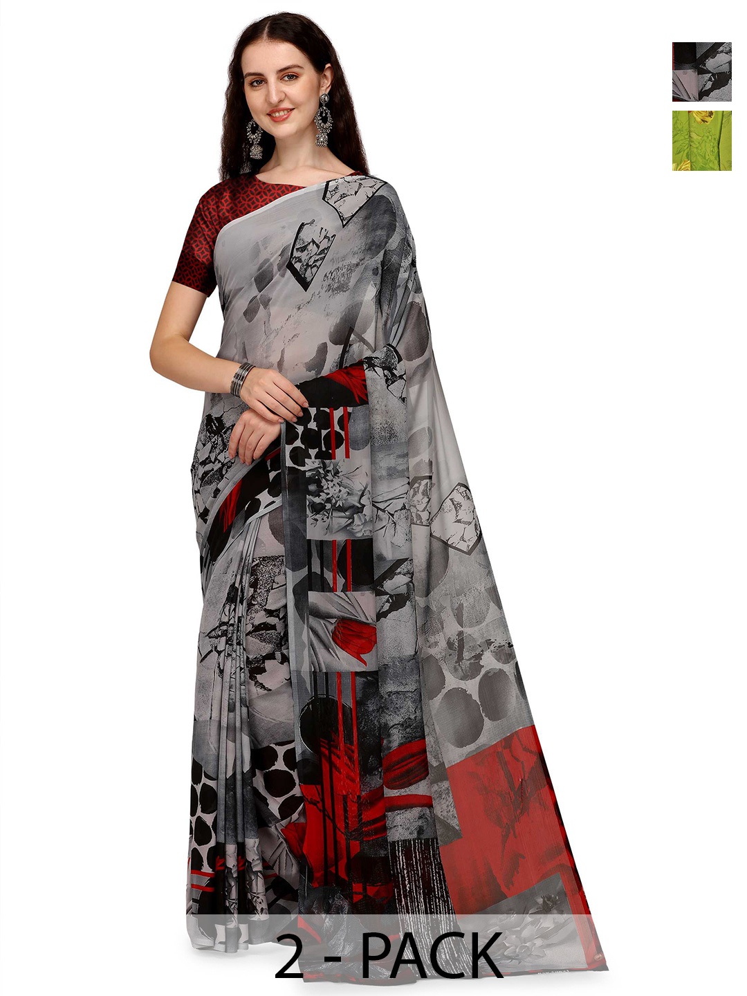

ANAND SAREES Selection Of 2 Printed Sarees, Green