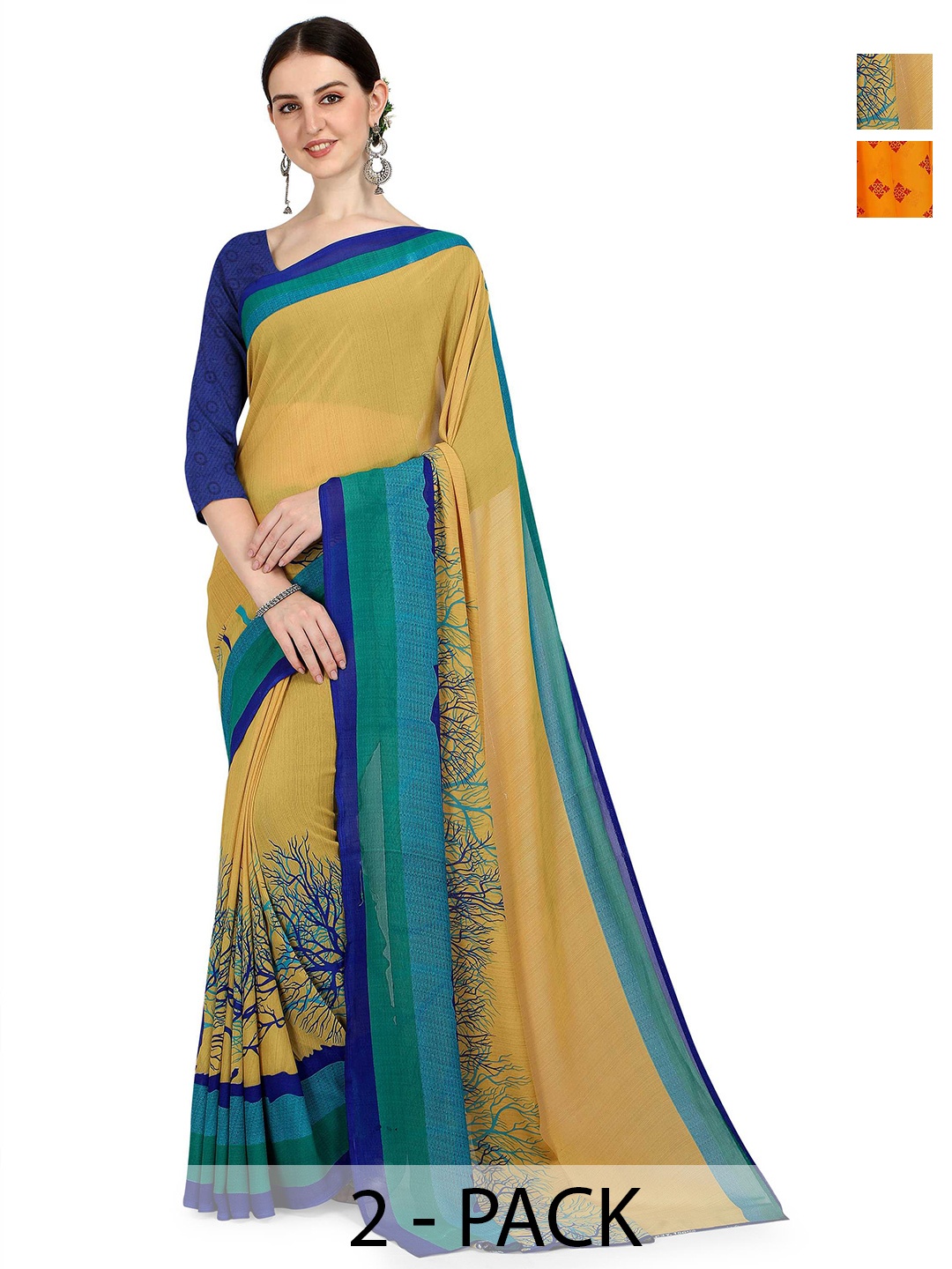 

ANAND SAREES Selection Of 2 Printed Sarees, Orange