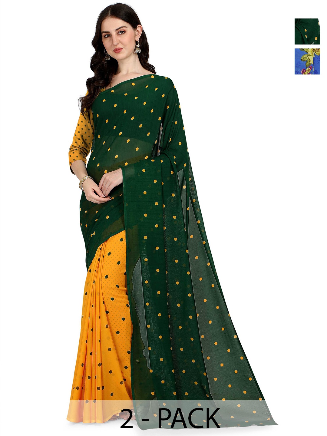 

ANAND SAREES Selection Of 2 Polka Dot Saree, Green