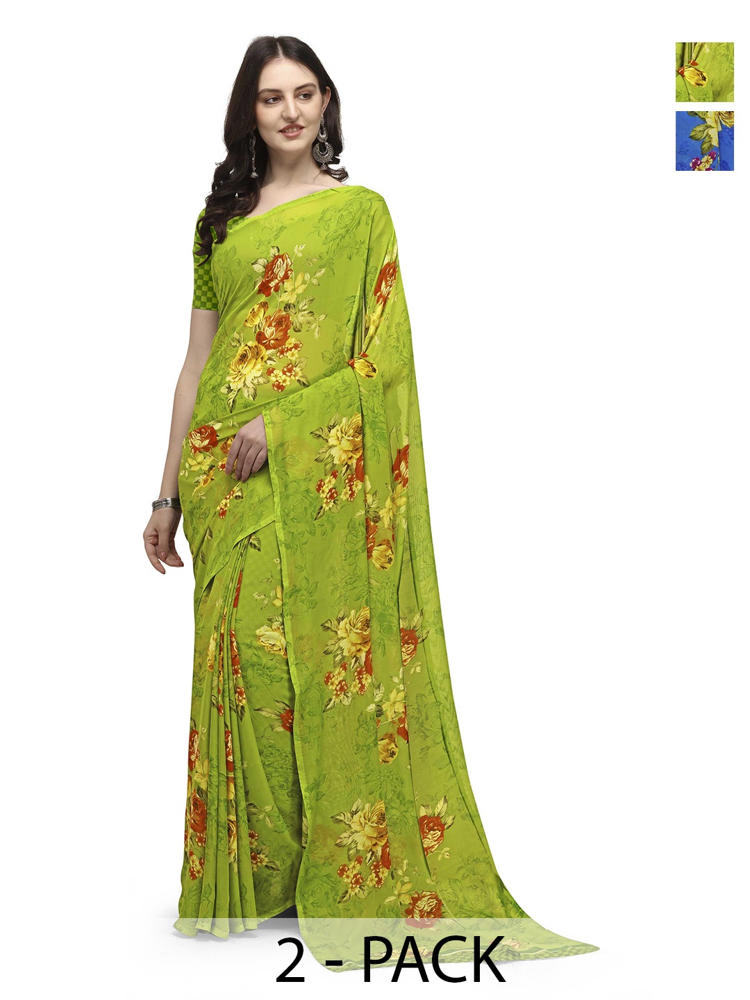 

ANAND SAREES Selection Of 2 Floral Printed Sarees, Blue