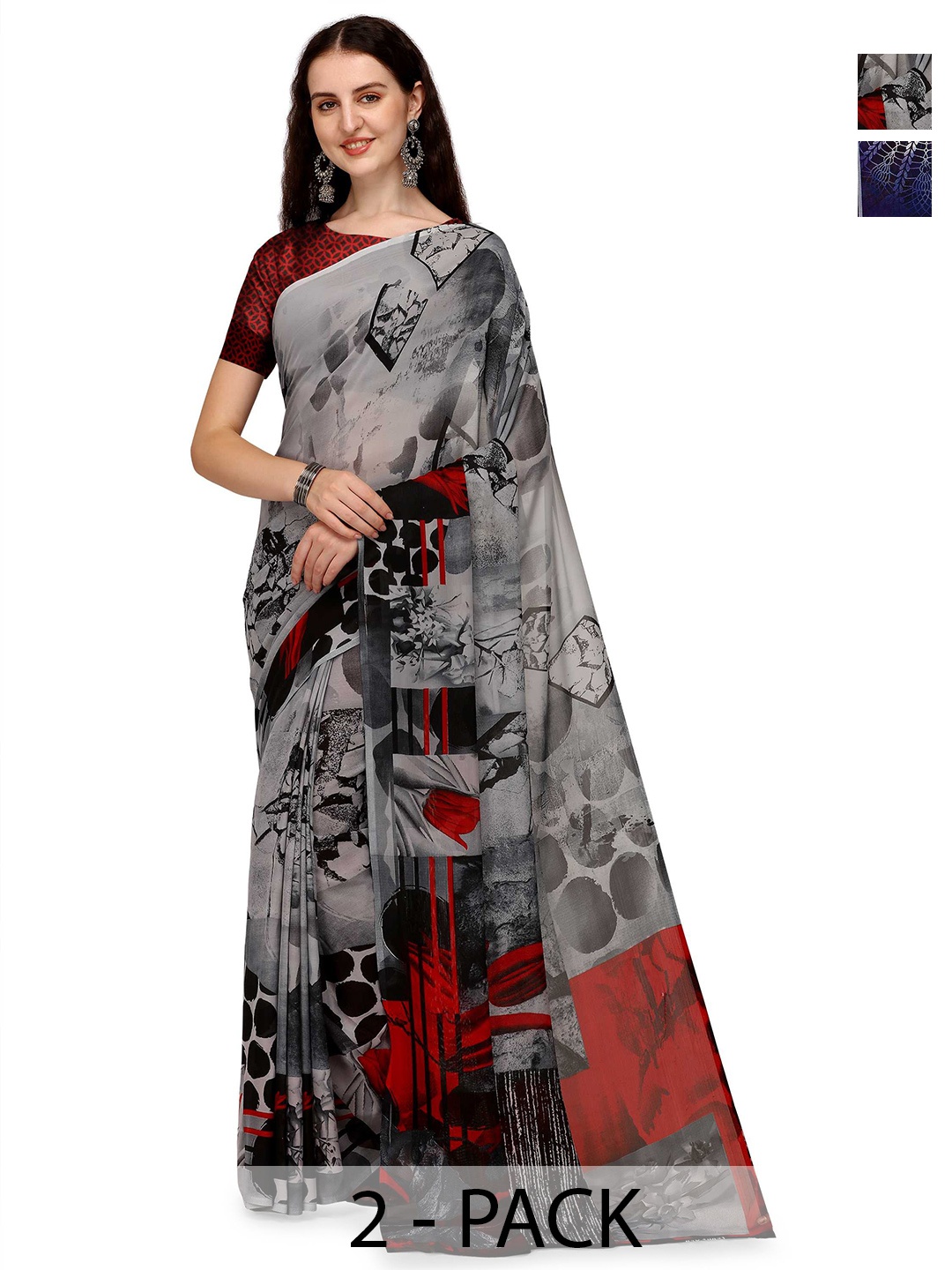 

ANAND SAREES Selection Of 2 Floral Printed Sarees, Navy blue