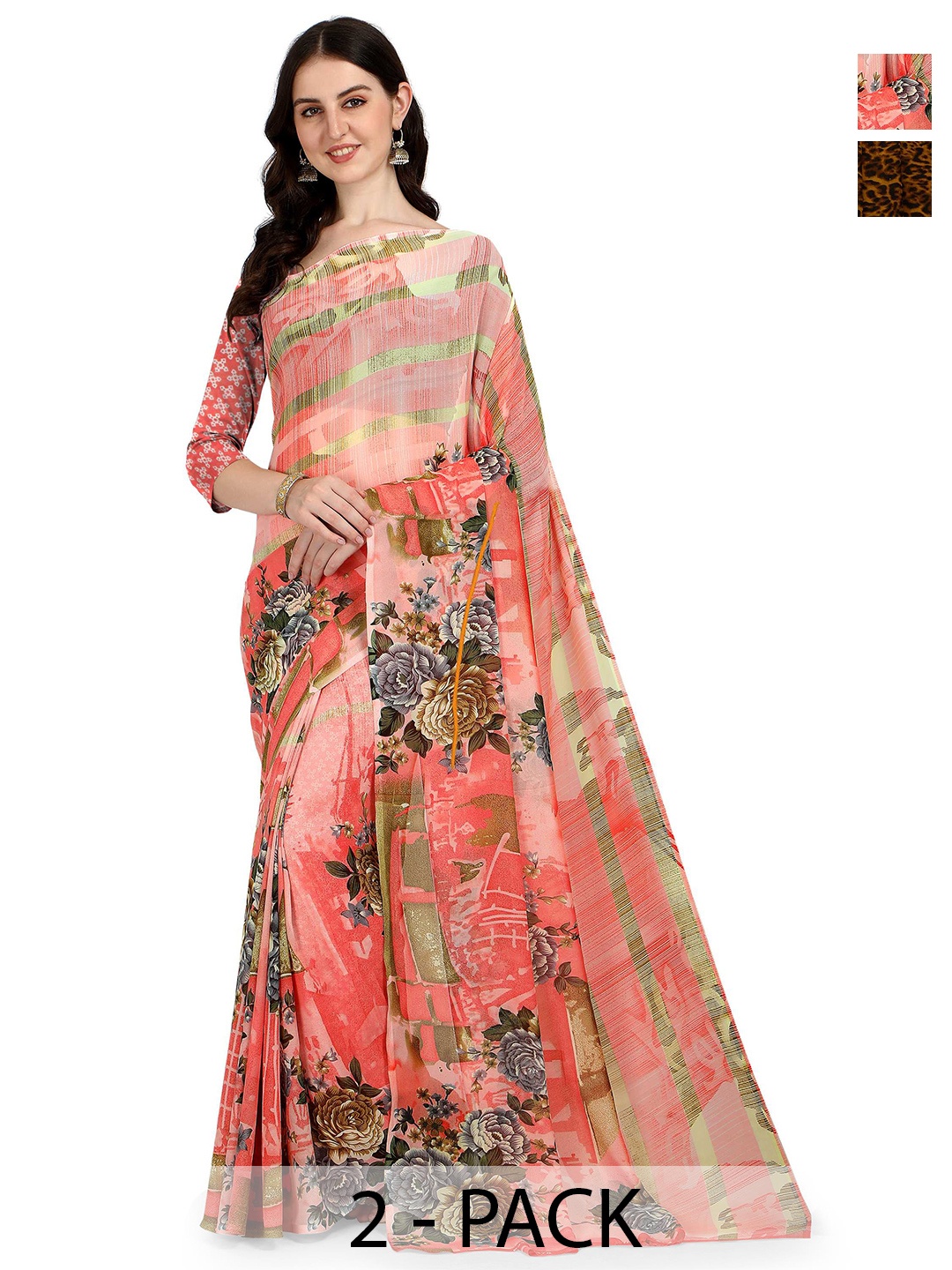 

ANAND SAREES Selection Of 2 Floral Saree, Peach