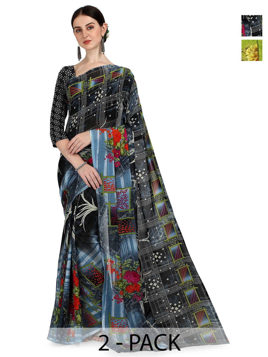 

ANAND SAREES Selection Of 2 Printed Sarees, Green