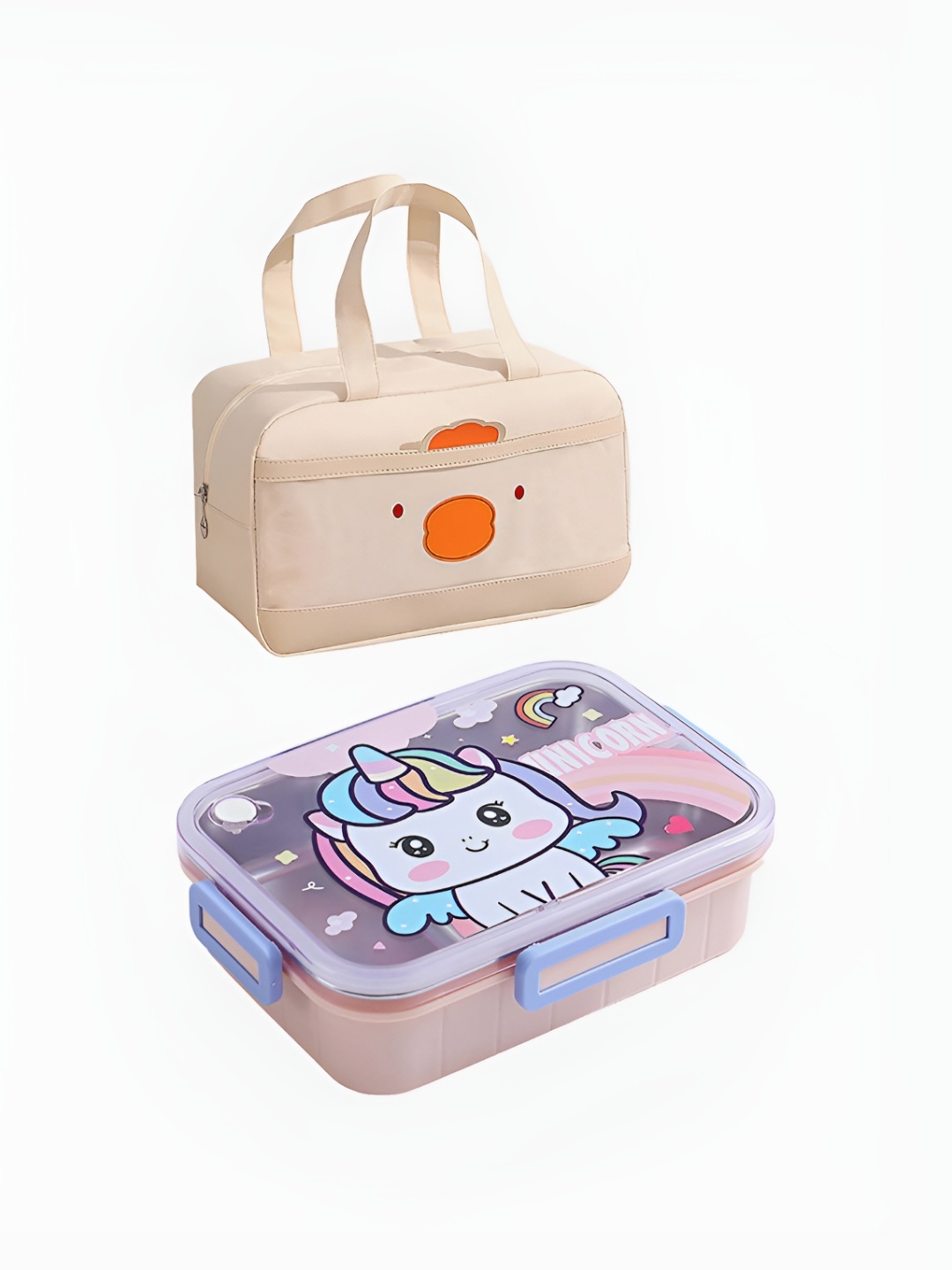 

Little Surprise Box LLP Peach-Coloured Printed Lunch Box With Chopsticks Spoon & Lunch Bag