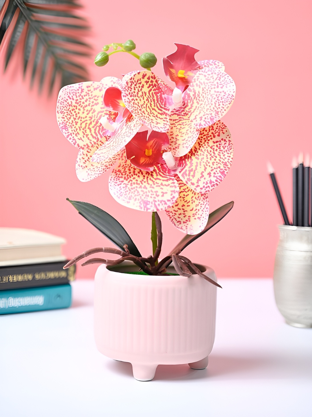 

MARKET99 Gold-Toned & Pink Orchid Artificial Flower With Pot