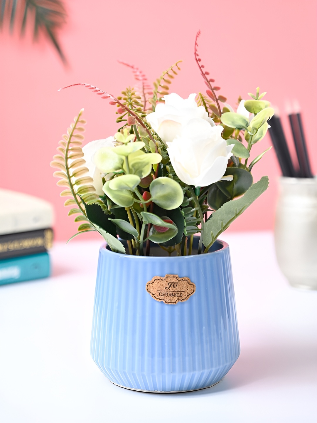 

MARKET99 White & Blue Rose Artificial Flower With Pot