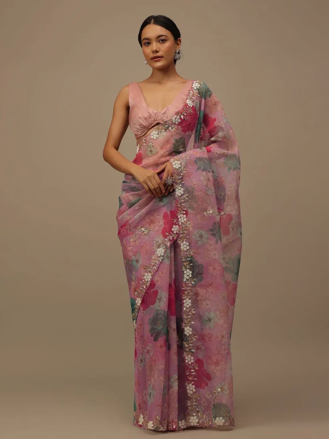 

Ekasya Floral Embroidered Organza Saree, Pink