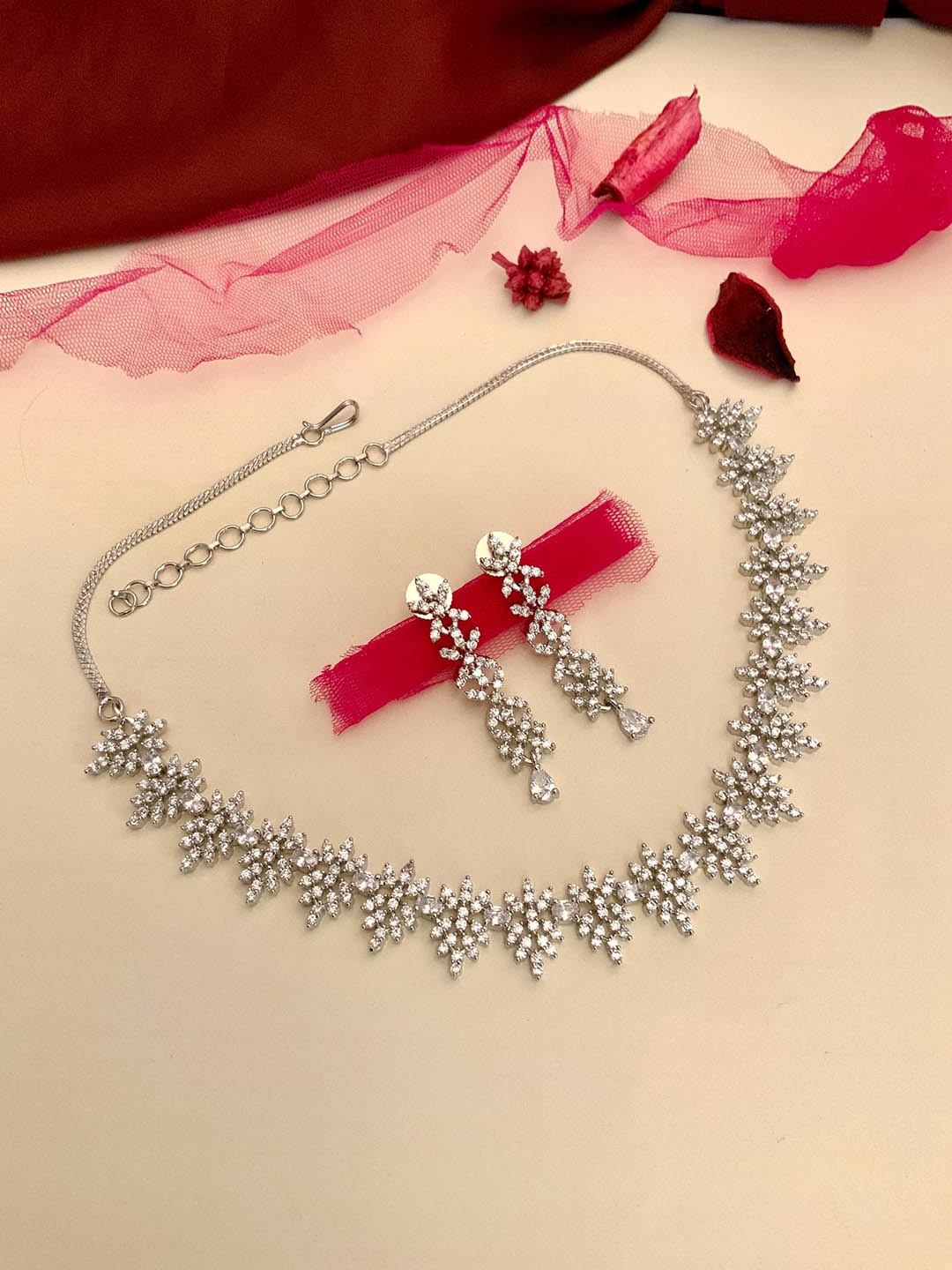 

ABDESIGNS Silver-Plated American Diamond-Studded & Beaded Jewellery Set
