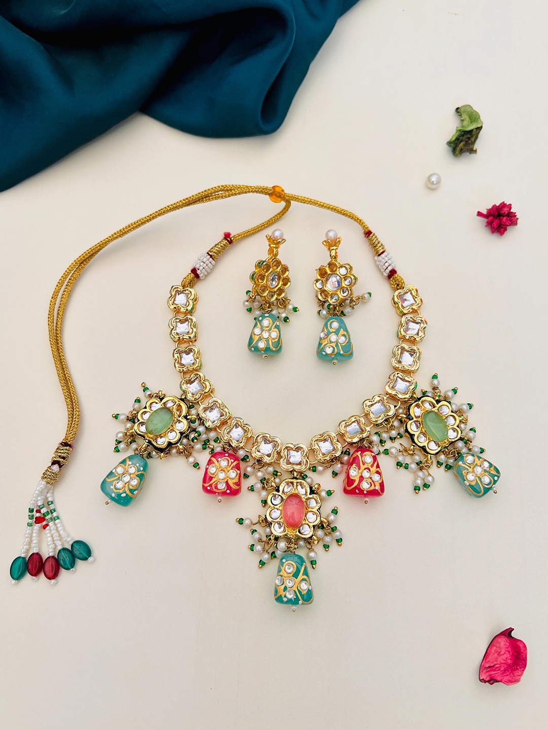 

ABDESIGNS Gold Plated Kundan Studded & Beaded Jewellery Set