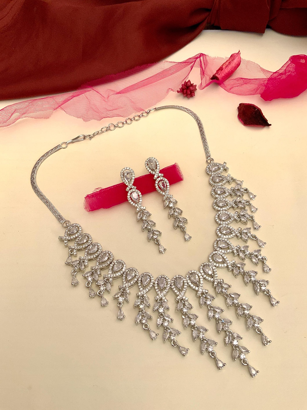 

ABDESIGNS Silver-Plated American Diamond-Studded Jewellery Set