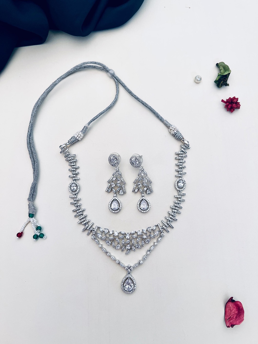 

ABDESIGNS Silver-Plated American Diamond-Studded & Beaded Jewellery Set