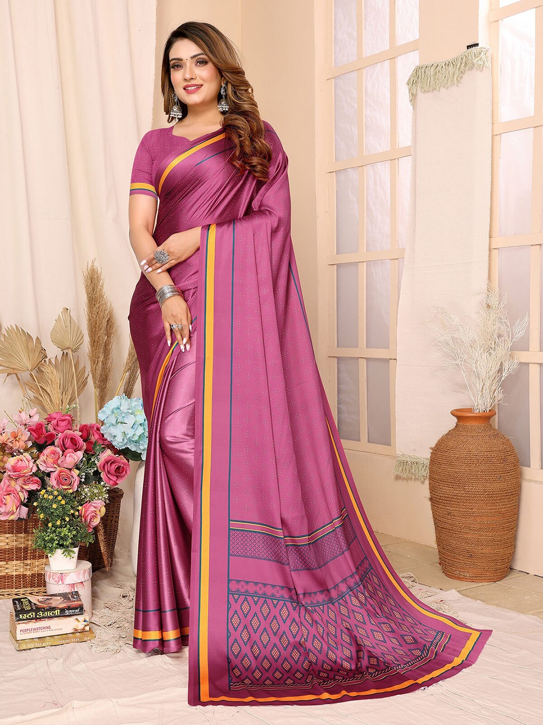 

Sunasi Satin Printed Saree With Blouse Piece, Magenta