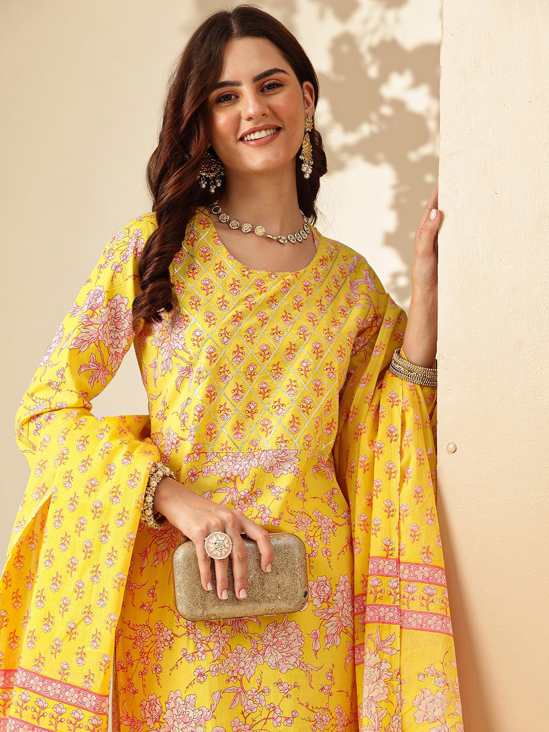 

Anouk Floral Printed Regular Gotta Patti Pure Cotton Kurta with Trousers & Dupatta, Yellow