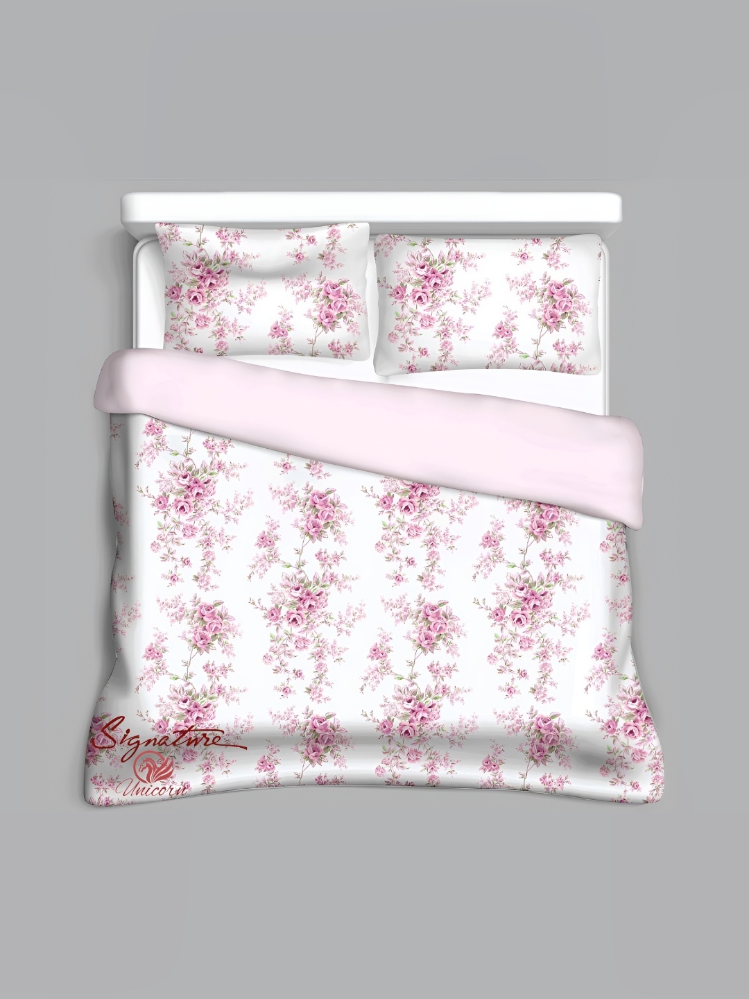 Signature White & Pink Floral Cotton 210 TC King Bedsheet With 2 Pillow Covers