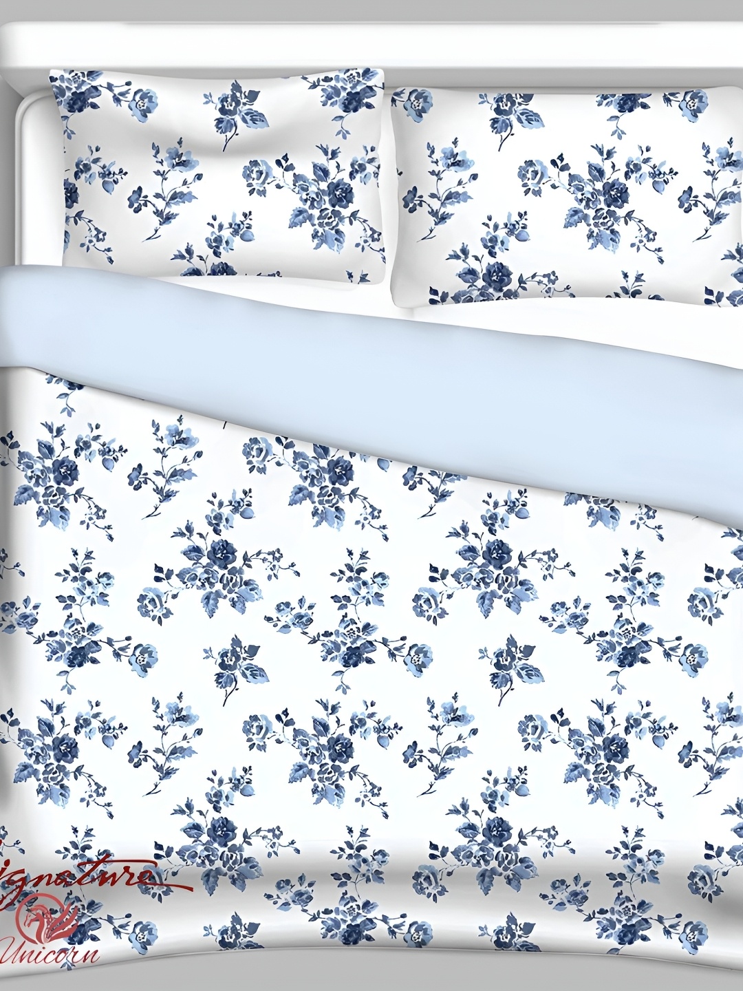 Signature White & Blue Floral Cotton 210 TC King Bedsheet With 2 Pillow Covers
