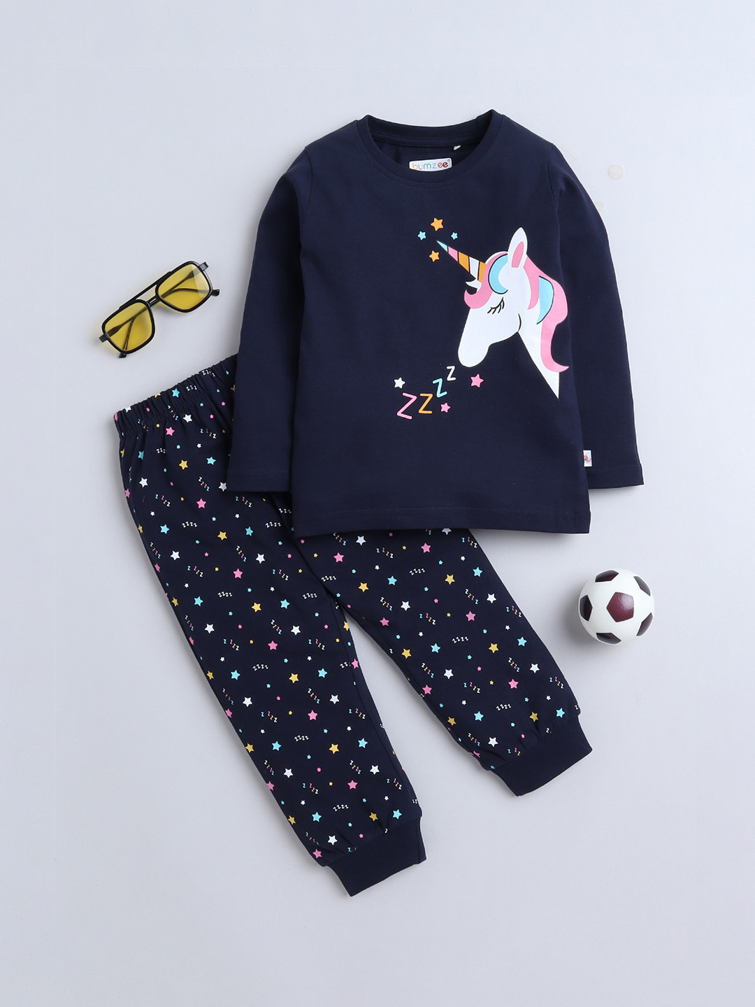 

BUMZEE Girls Printed Pure Cotton Night suit, Navy blue