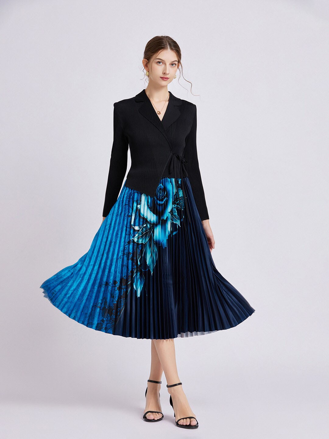 

JC Collection Printed Notched Lapel Collar Fit & Flare Midi Dress, Black