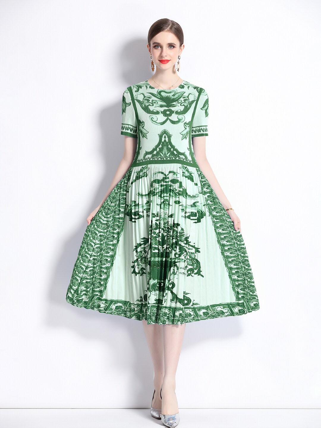 

JC Collection Floral Printed Round Neck Fit & Flare Midi Dress, Green