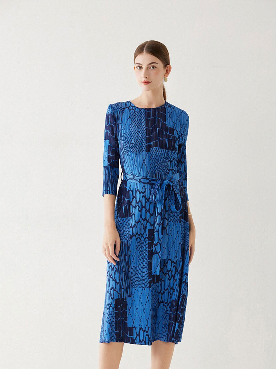 

JC Collection Self Design Round Neck A-Line Midi Dress, Navy blue
