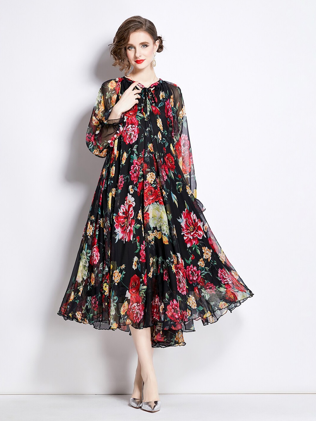 

JC Collection Floral Print Tie-Up Neck Cuffed Sleeves Fit & Flare Midi Dress, Black