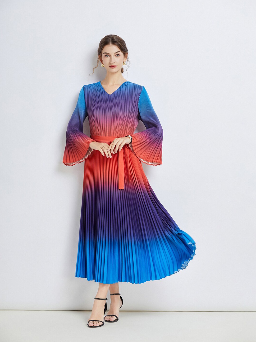 

JC Collection Tie and Dye Dyed Bell Sleeves A-Line Midi Dress, Blue