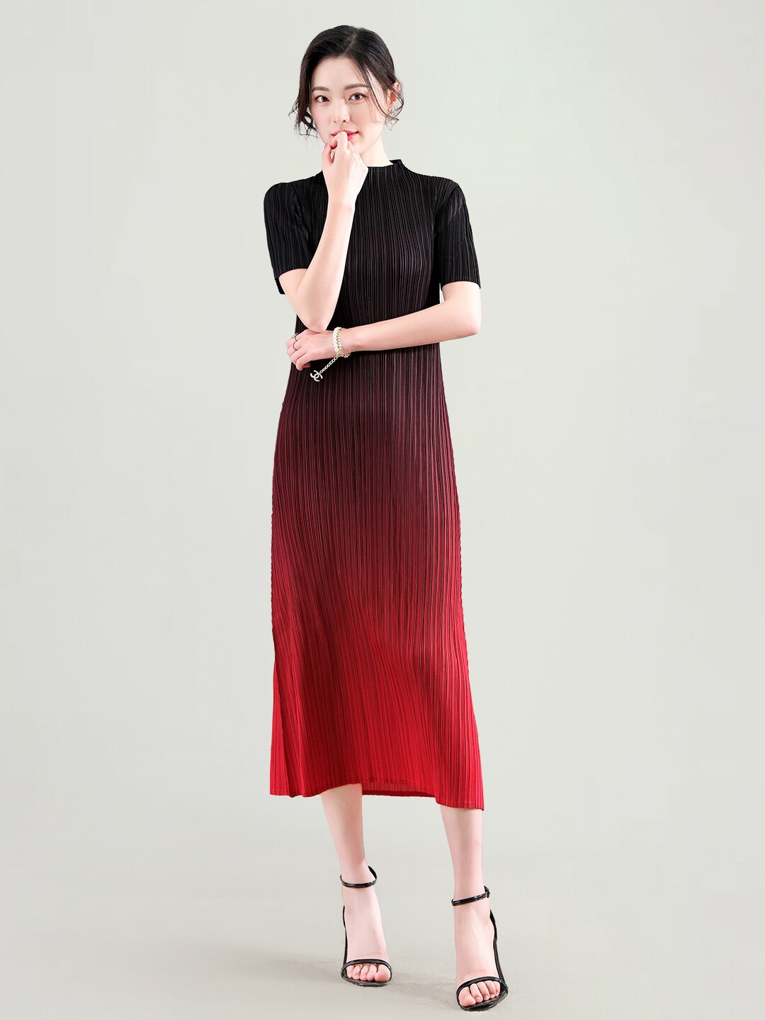 

JC Collection Tie and Dye Mandarin Collar A-Line Midi Dress, Red