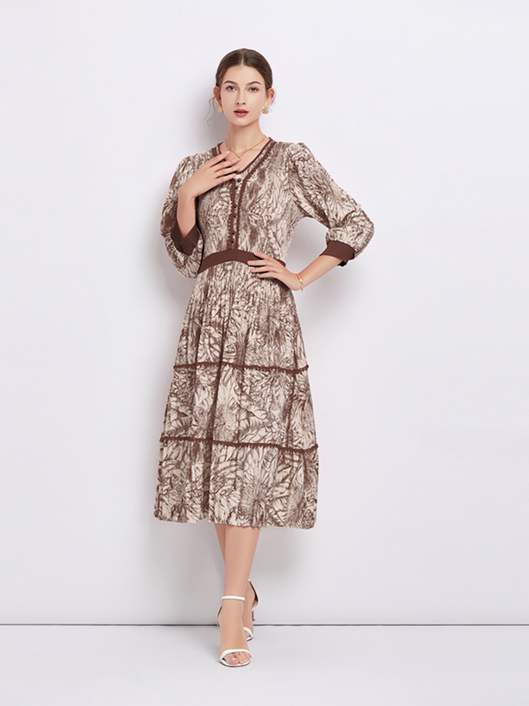 

JC Collection Animal Printed V-Neck Cuffed Sleeves Fit & Flare Midi Dress, Coffee brown