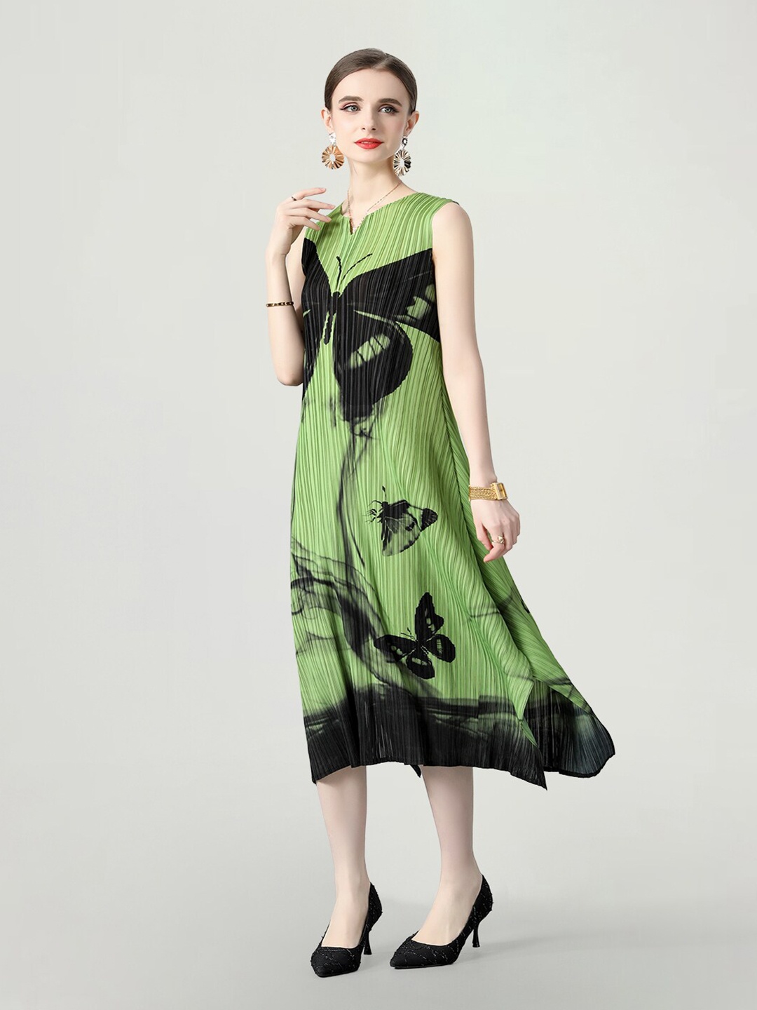 

JC Collection Conversational Printed Sleeveless A-Line Midi Dress, Green