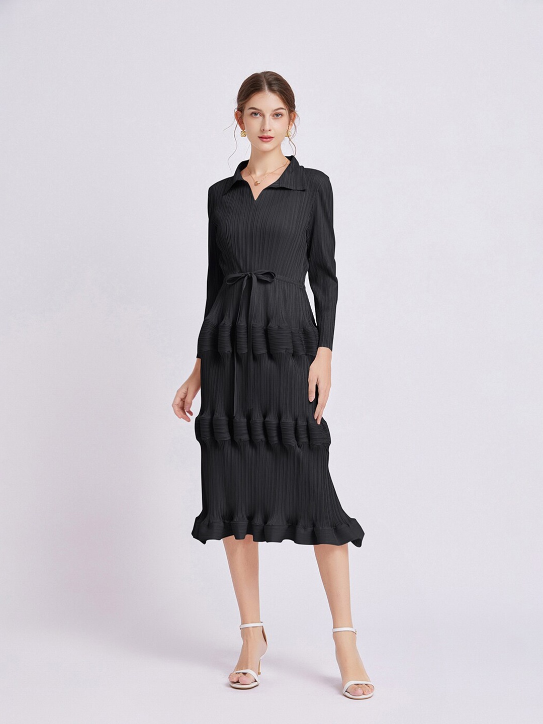 

JC Collection Ribbed Shirt Collar Long Sleeves Layered Fit & Flare Midi Dress, Black