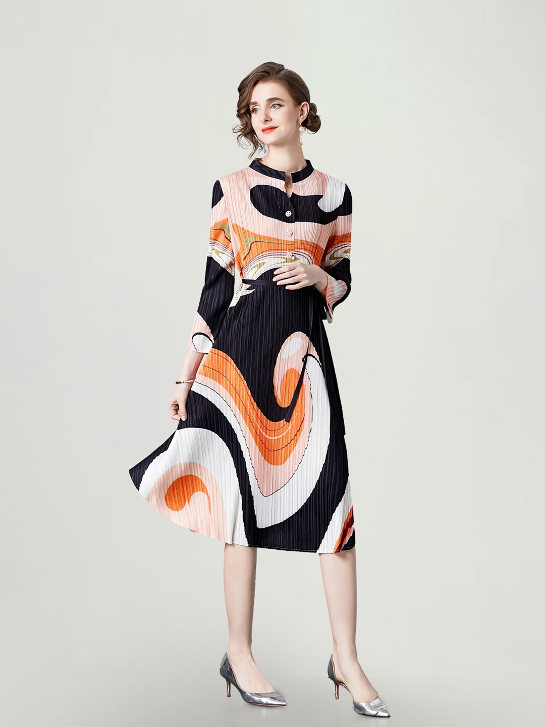 

JC Collection Abstract Print Mandarin Collar Fit & Flare Midi Dress, Black
