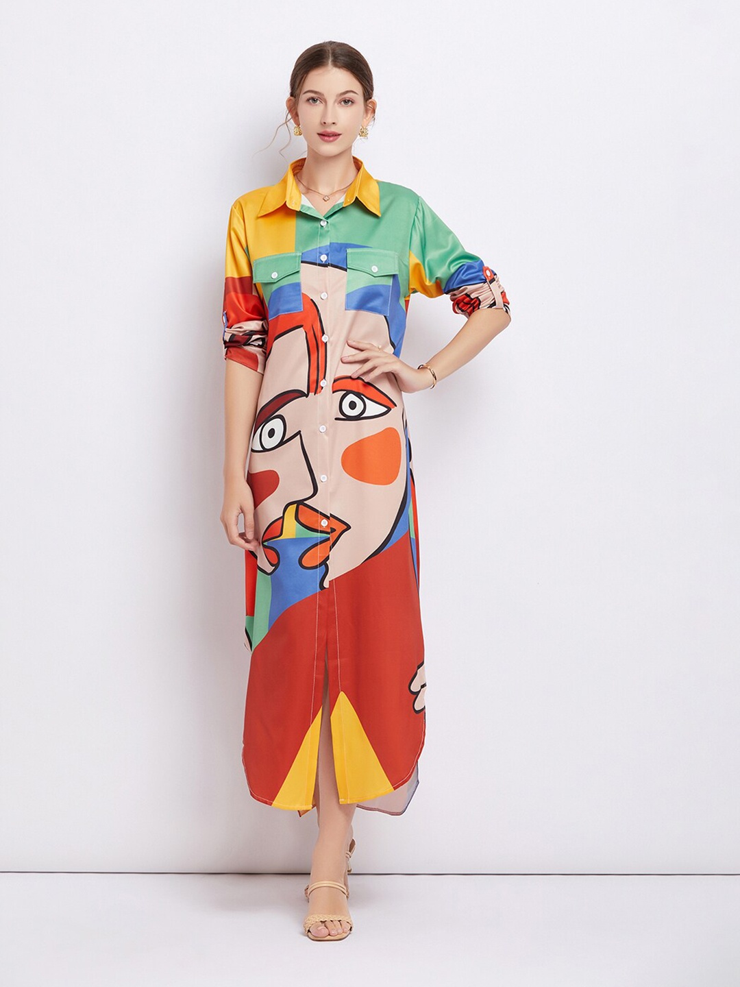 

JC Collection Graphic Print Shirt Collar Shirt Midi Dress, Green