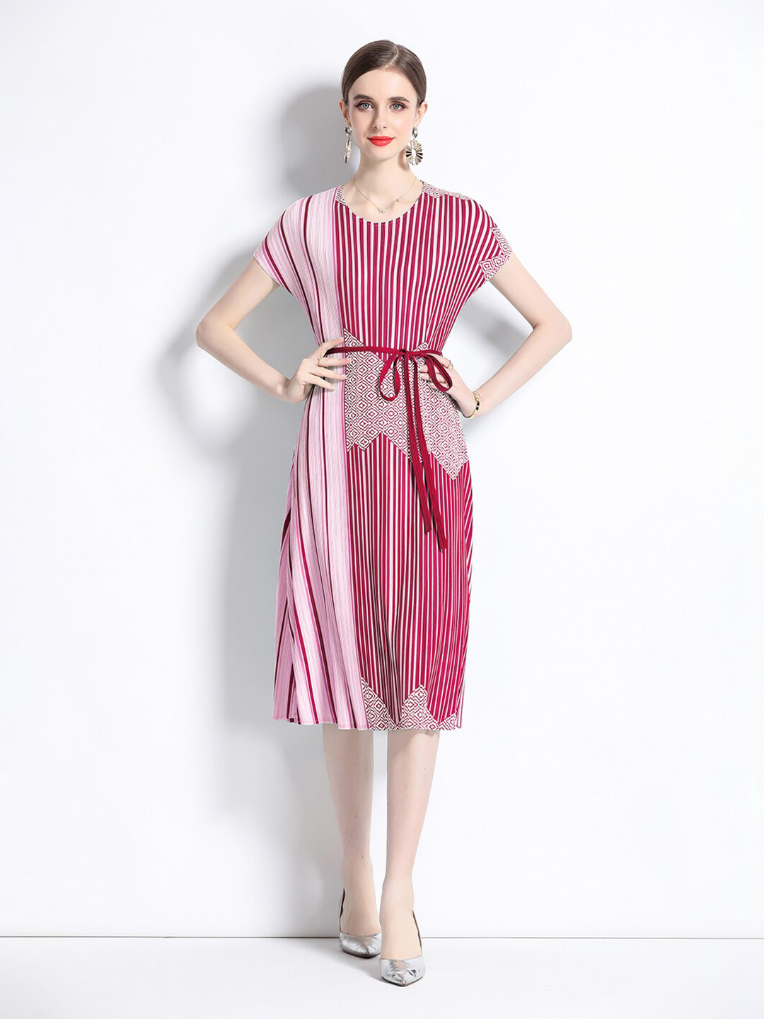 

JC Collection Striped Extended Sleeves A-Line Dress, Rose