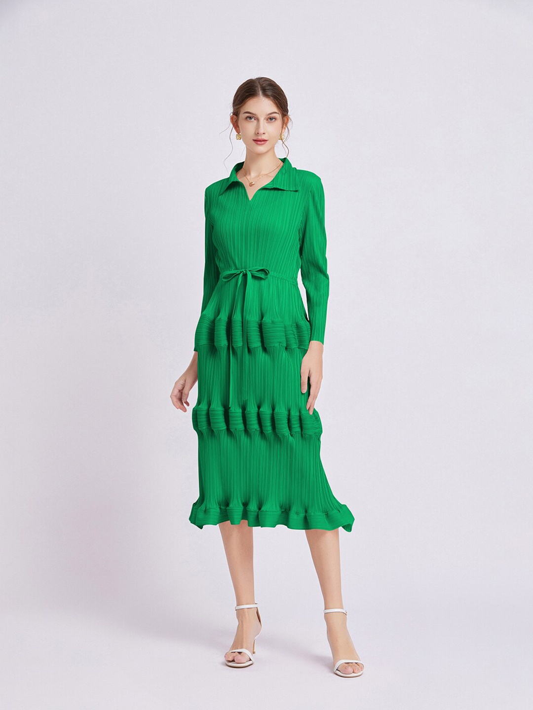 

JC Collection Self Design Shirt Collar Fit & Flare Midi Dress, Green