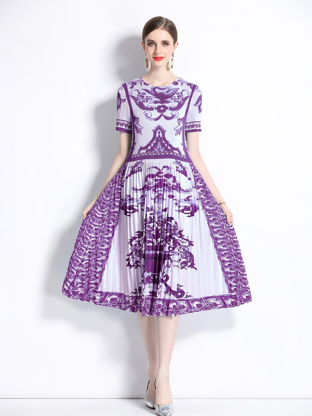 

JC Collection Ethnic Motifs Printed PLeated Fit & Flare Midi Dress, Purple