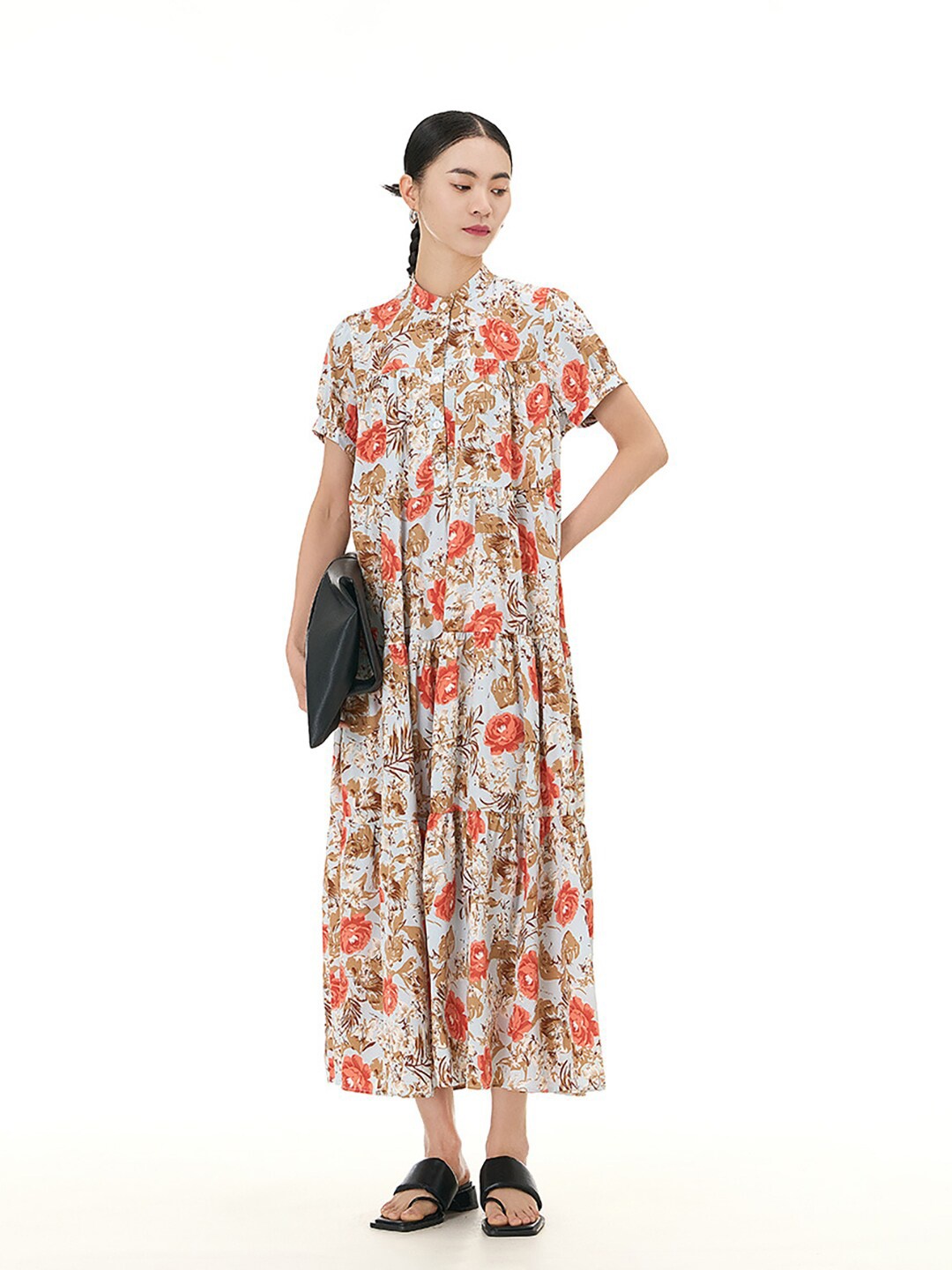 

JC Collection Floral Print Band Collar Puff Sleeves Maxi Dress, Blue