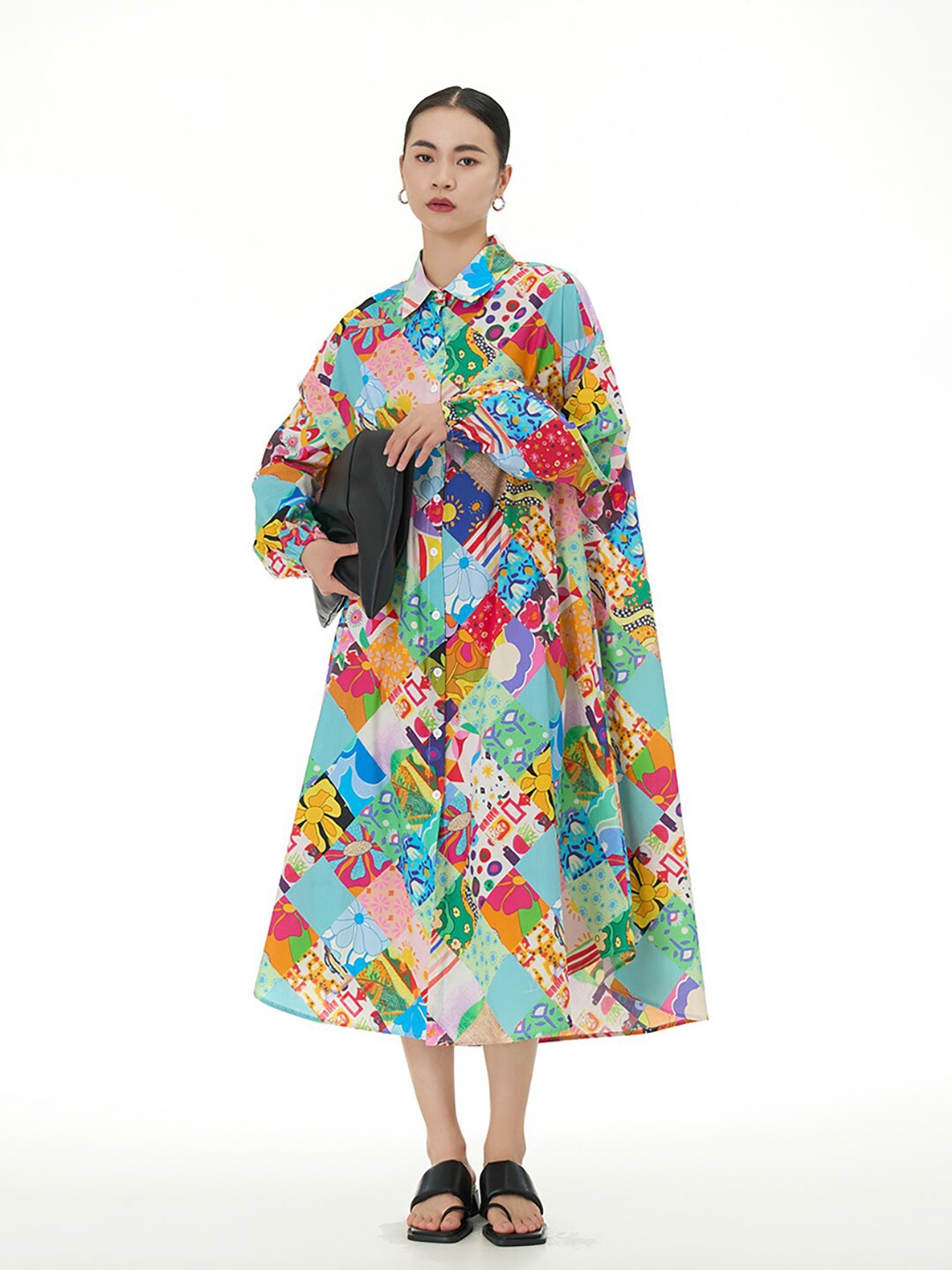

JC Collection Floral Print Shirt Collar Cuffed Sleeves Shirt Midi Dress, Green