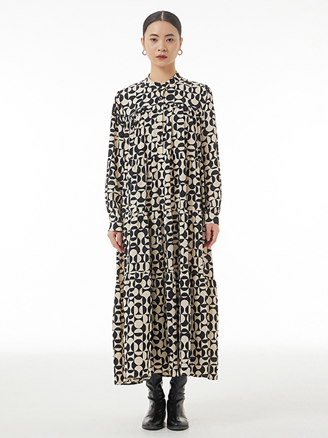 

JC Collection Geometric Print Band Collar Cuffed Sleeves Shirt Maxi Dress, Black