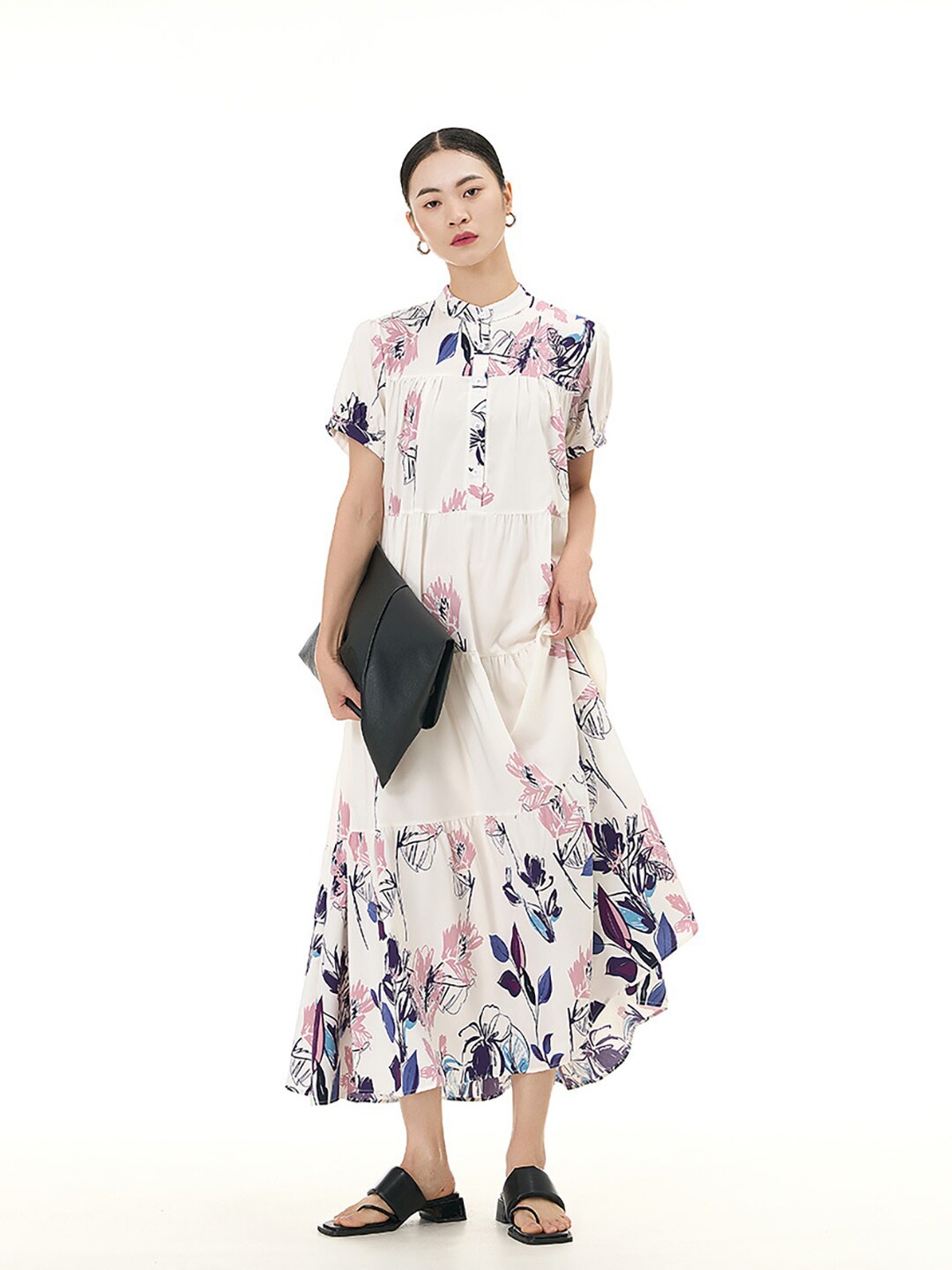 

JC Collection Floral Printed Band Collar Gathered Tiered A-Line Maxi Dress, White