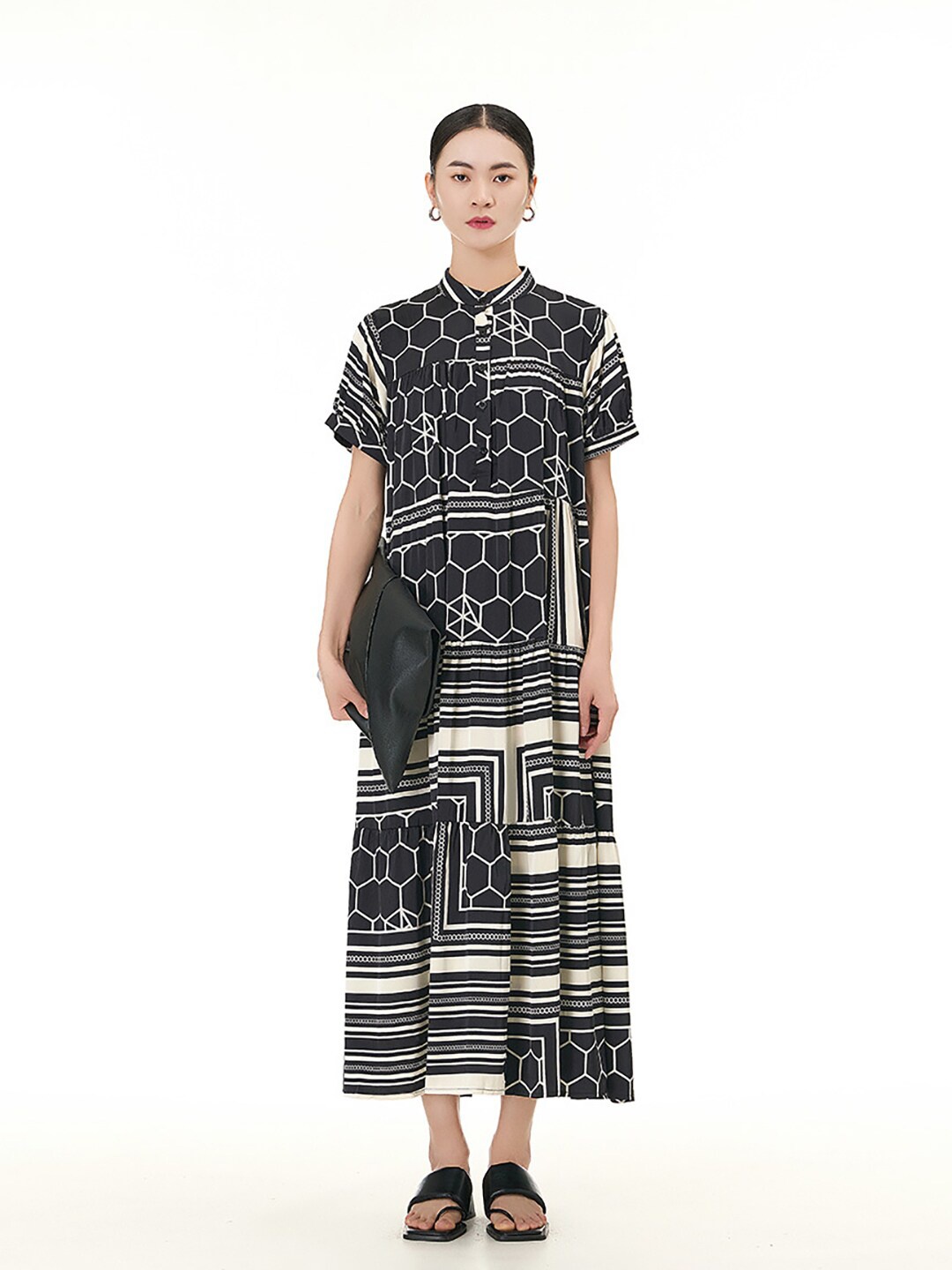 

JC Collection Geometric Print Shirt Collar Shirt Midi Dress, Black