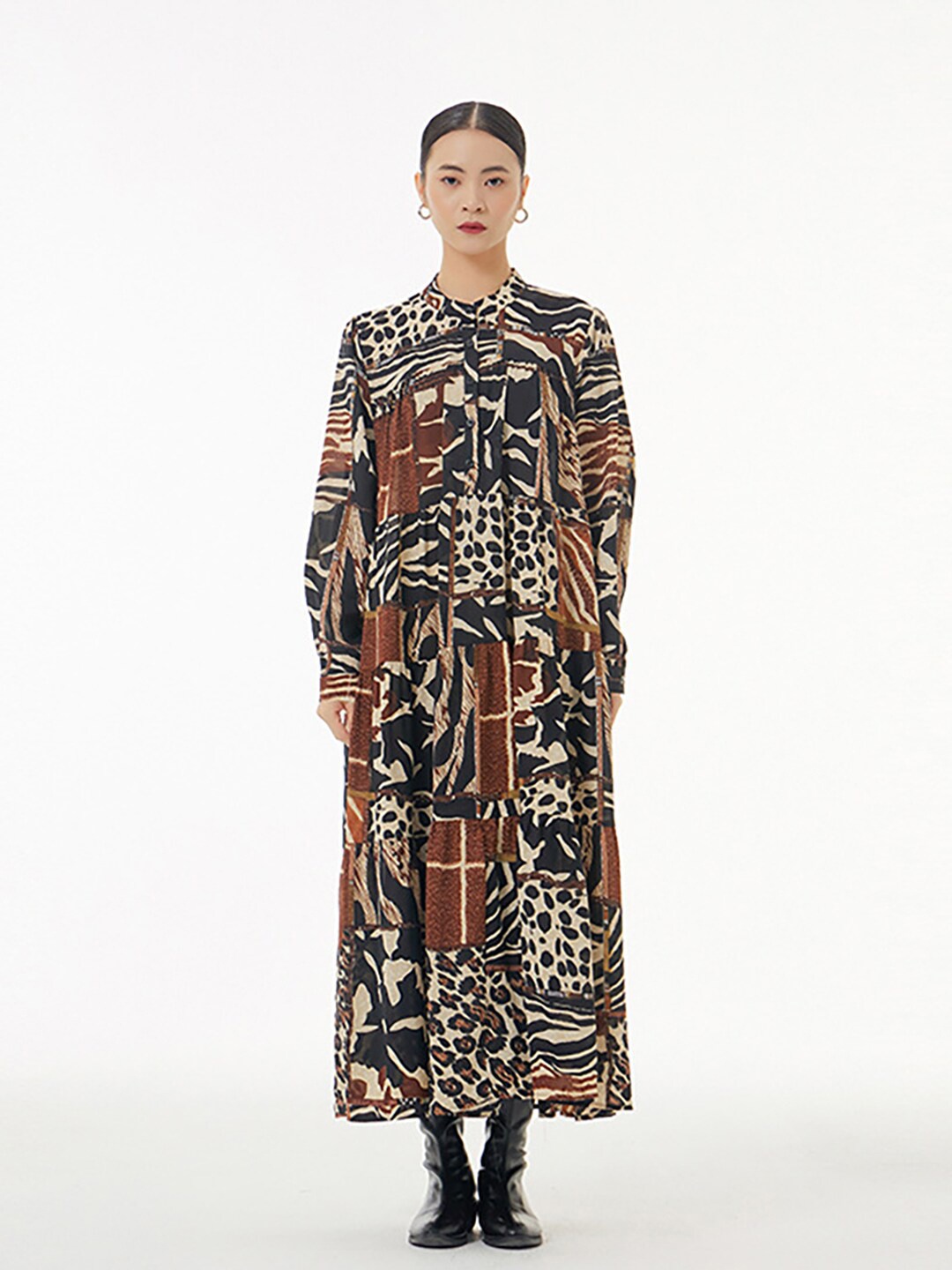 

JC Collection Animal Printed Band Collar Cuffed Sleeves Gathered Tiered A-Line Maxi Dress, Khaki