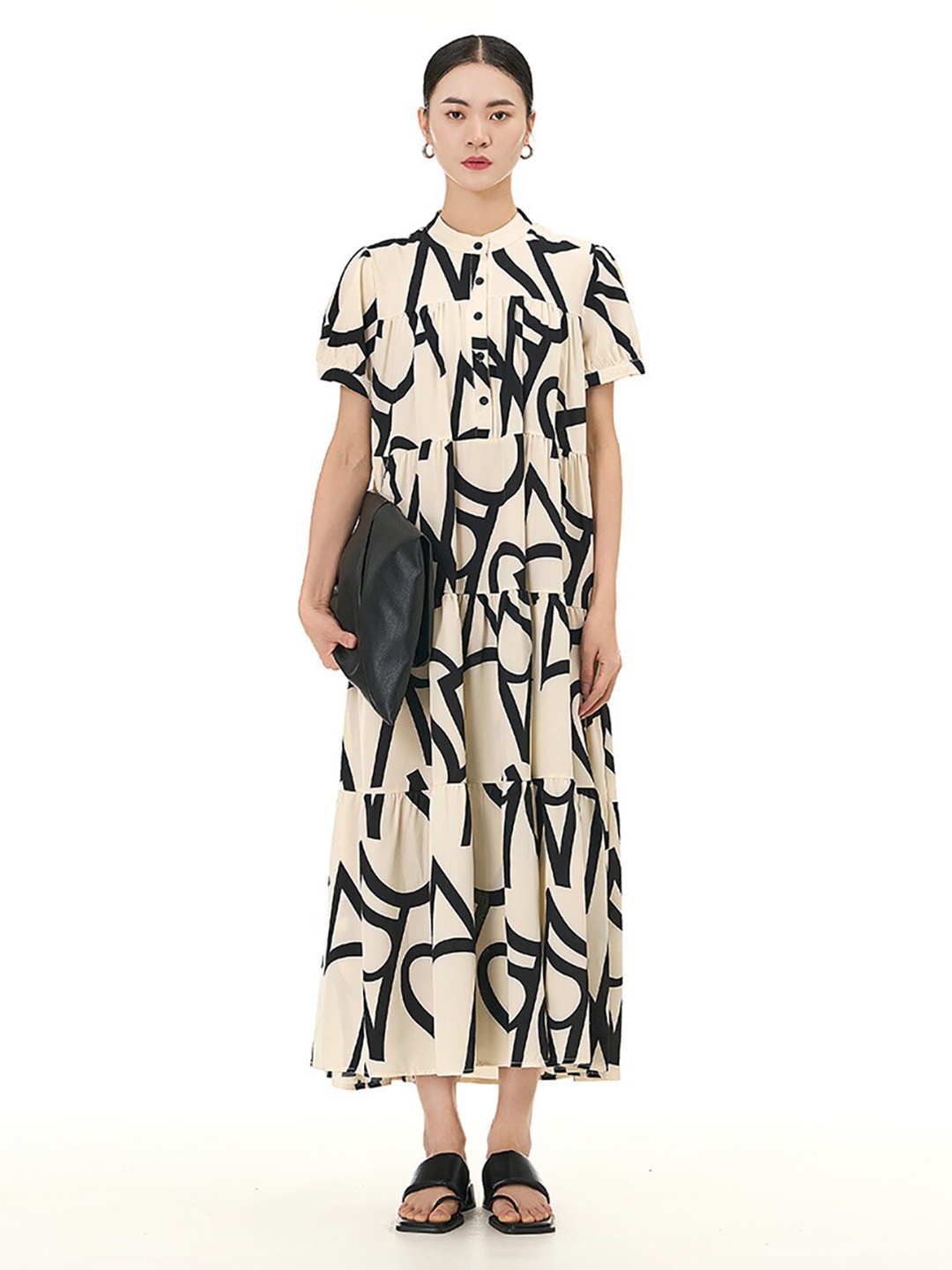 

JC Collection Abstract Printed Tiered A-Line Dress, Beige