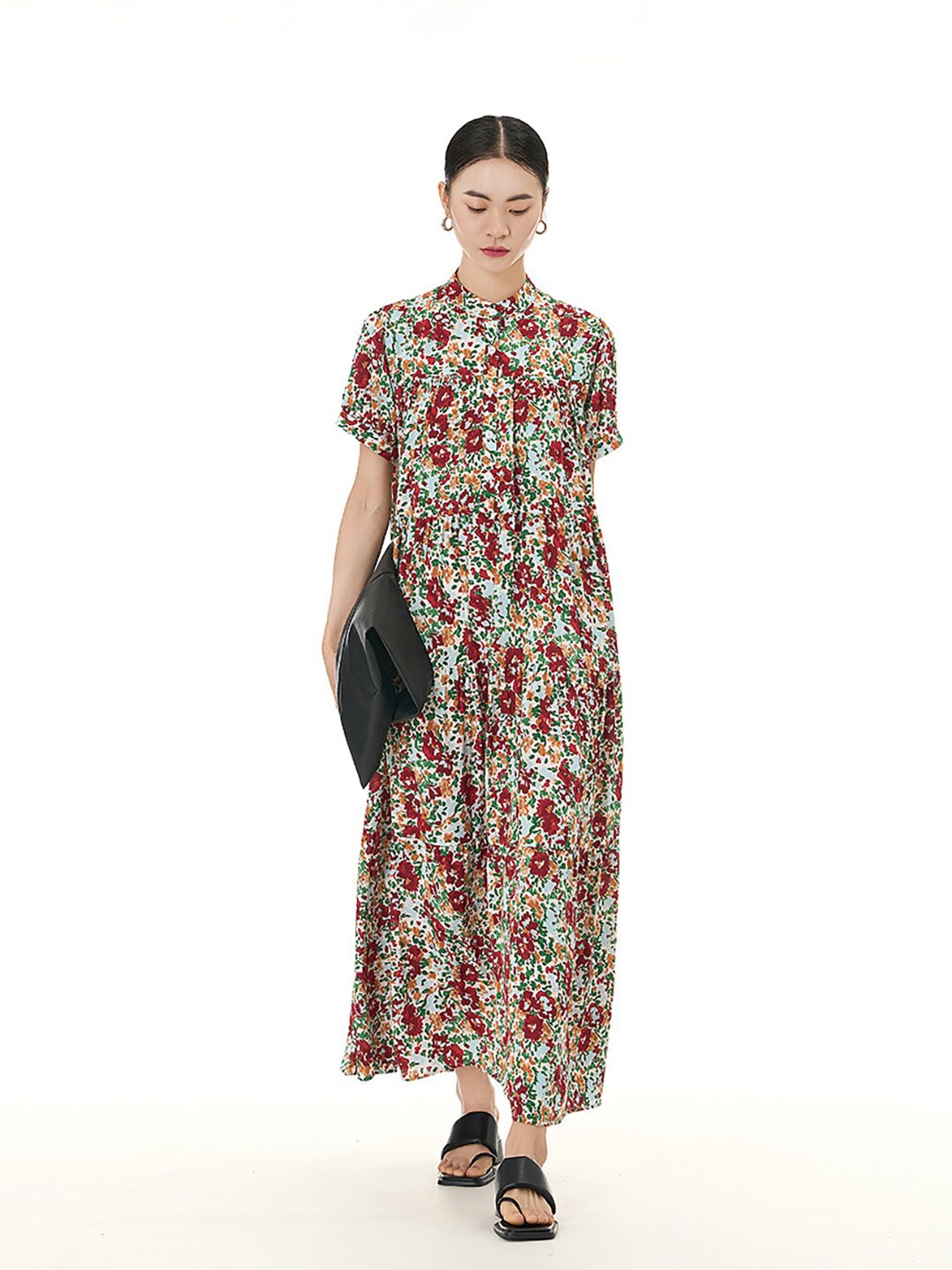 

JC Collection Floral Printed Mandarin Collar Short Sleeves Maxi Dress, Red